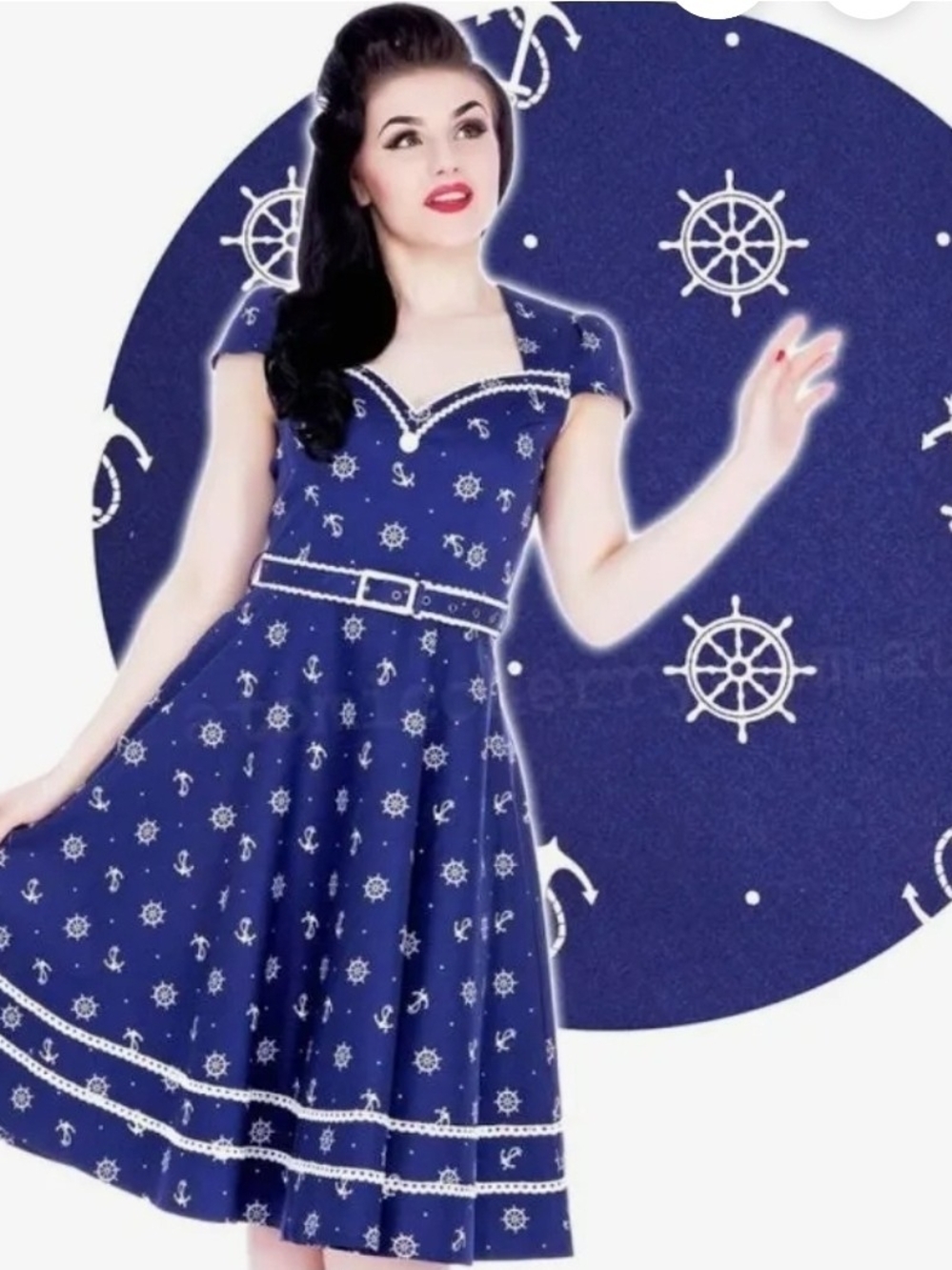 Voo Doo Vixen Navy Nautical Fit & Flare Dress with Belt (XL)